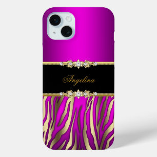 Elegant Roze Magenta Zebra Zwart Goud iPhone 15 Mini Hoesje