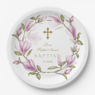 Elegant roze Magnolia Flowers WreatGold Baptism Papieren Bordje