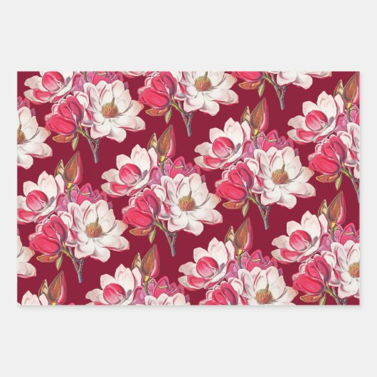 Elegant Roze Magnolia Gold Burgundy White Inpakpapier Vel (Voorkant)
