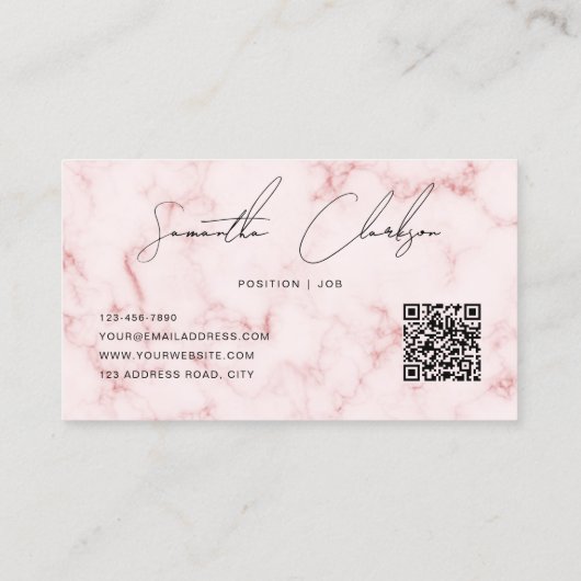 Elegant Roze Marmer Handgeschreven Script QR code Visitekaartje (Achterkant)