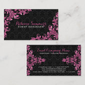 Elegant Roze Metaal Kant Zwart Damasks Visitekaartje (Voorkant / Achterkant)