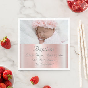 Elegant Roze Metallic Foto Name Baby Girl Baptisme Servet