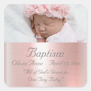 Elegant Roze Metallic Foto Name Baby Girl Baptisme Vierkante Sticker