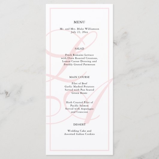 Elegant Roze Monogram Bruiloft Menu (Voorkant)
