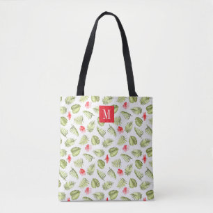 Elegant Roze Monogram Groen Palmblad Draagtas