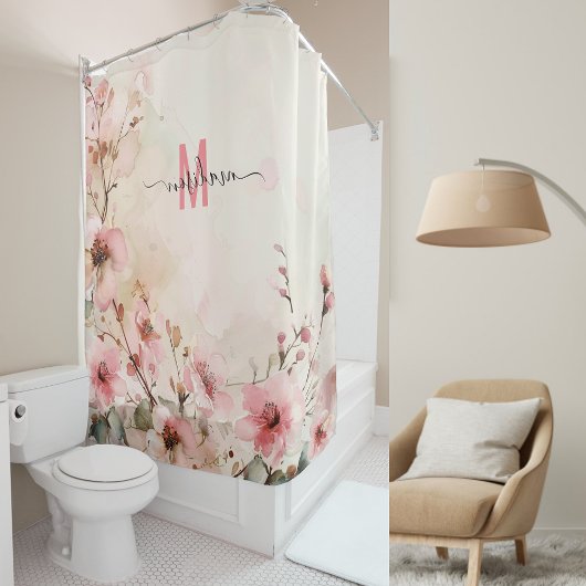Elegant Roze Monogram Modern Script Huwelijk Custo Douchegordijn