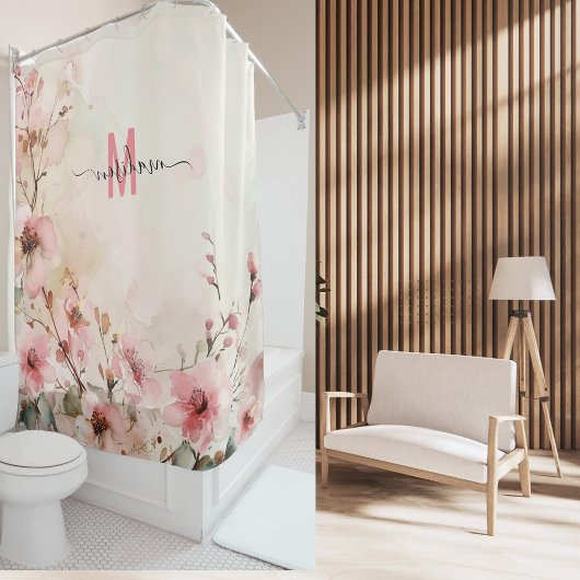 Elegant Roze Monogram Moderne Scriptie Trouwdag Cu Douchegordijn