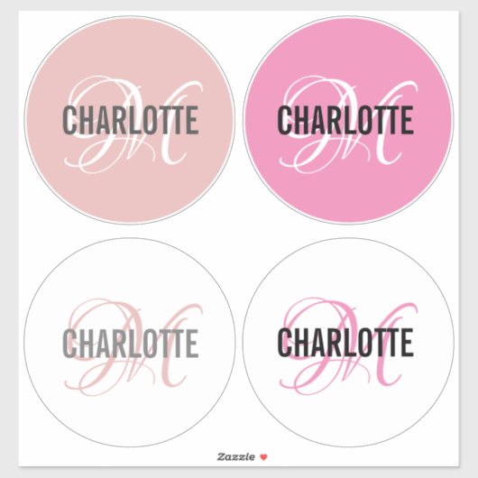 Elegant roze monogram naam rond sticker (Vel)