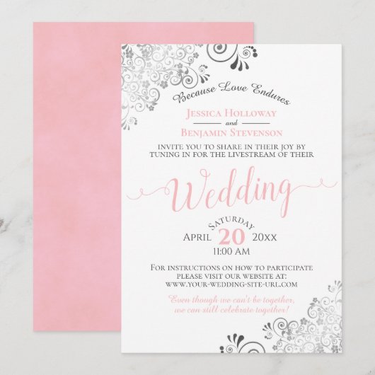 Elegant roze op witte bruiloft livestream kaart (Voorkant / Achterkant)