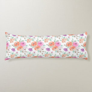 Elegant Roze Oranje Paarse Aquarel Bloem Wit Lichaamskussen