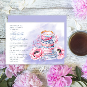 Elegant roze Paars 75th Birthday Tea Party Kaart