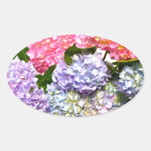 Elegant roze paarse blauw bloemenhortensia boeket ovale sticker