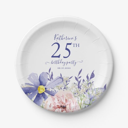 Elegant Roze Paarse Bloemen 25ste Verjaardagsfeest Papieren Bordje (Voorkant)