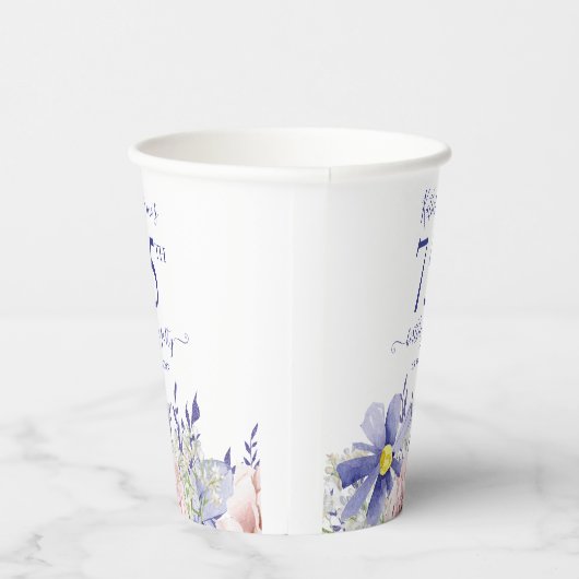 Elegant Roze Paarse Bloemen 75ste Verjaardagsfeest Papieren Bekers (Rechts)