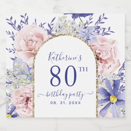 Elegant Roze Paarse Bloemen 80ste Verjaardagsfeest Sparkling Wijnetiket (Enkel label)