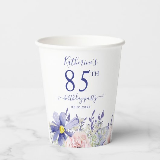 Elegant Roze Paarse Bloemen 85ste Verjaardagsfeest Papieren Bekers (Achterkant)