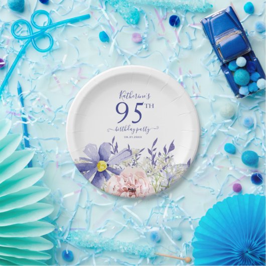 Elegant Roze Paarse Bloemen 95ste Verjaardagsfeest Papieren Bordje (Feest)