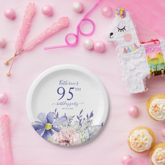 Elegant Roze Paarse Bloemen 95ste Verjaardagsfeest Papieren Bordje (Feest)