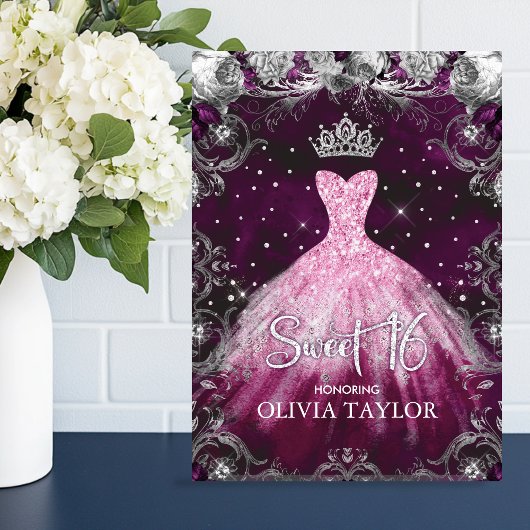 Elegant roze paarse florale glitter zoet 16 kaart