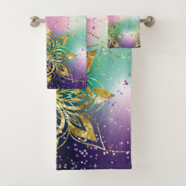 Elegant Roze paarse groene feestdag Snowflakes ste Bad Handdoek