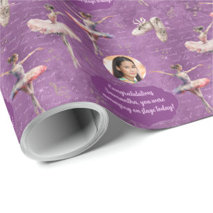 Elegant Roze Paarse Naam Tekst Foto Ballerina Cadeaupapier