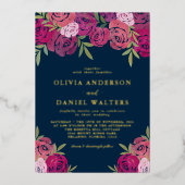 Elegant Roze & Paarse Rozen Blauw Bruiloft Goud Folie Uitnodiging (Voorkant)