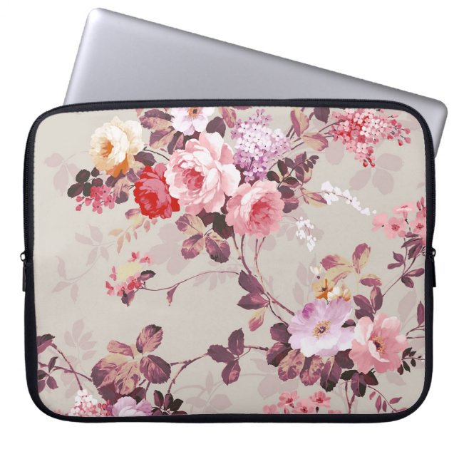  Elegant Roze Paarse Rozen Patroon Laptop Sleeve (Voorkant)