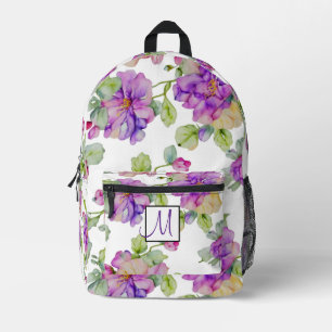 Elegant roze paarse waterverf floral monogram bedrukte rugzak