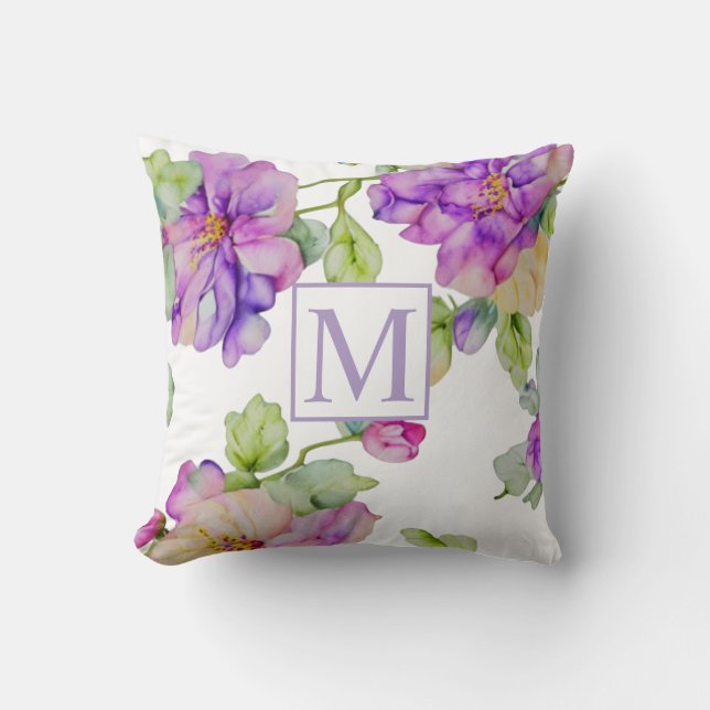 Elegant roze paarse waterverf floral monogram kussen (Voorkant)