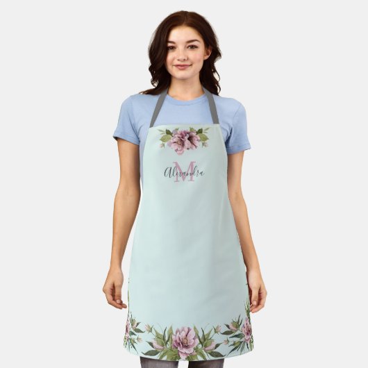 Elegant roze pinda's en groene monogram op maat schort (Gedragen)