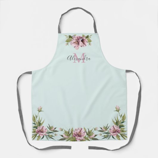 Elegant roze pinda's en groene monogram op maat schort (Voorkant)