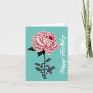 Elegant Roze Pioen Happy Birthday Green Kaart