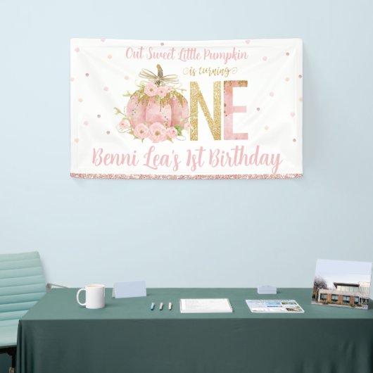 Elegant roze pompoen 1e verjaardag Eén achtergrond Spandoek (Beurs)