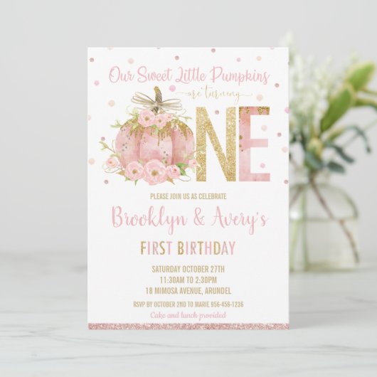 Elegant Roze Pompoen 1e Verjaardag Een Tweeling Me Kaart (Staand voorkant)