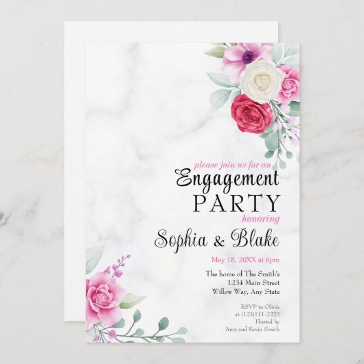 Elegant Roze & Red Floral Marble Engagement Party Kaart (Voorkant / Achterkant)