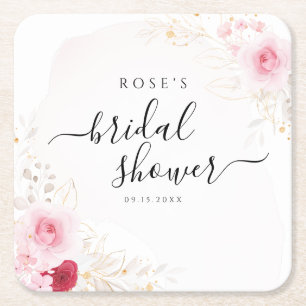 Elegant Roze Rood & Goud Bloemen Vrijgezellenfeest Vierkante Kartonnen Onderzetter