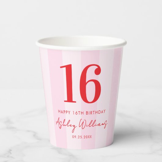 Elegant Roze Rood Modern 16e verjaardag Papieren Bekers (Achterkant)