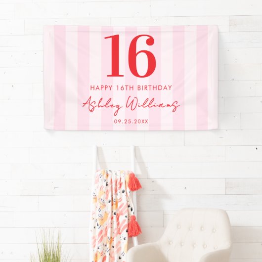 Elegant Roze Rood Modern 16e verjaardag Spandoek (Insitu)