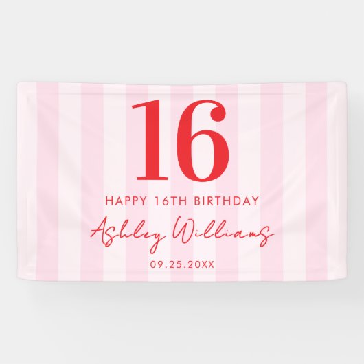Elegant Roze Rood Modern 16e verjaardag Spandoek (Horizontaal)