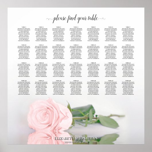 Elegant roze Rose 28 Tabel Wedding Seating Chart Poster (Voorkant)