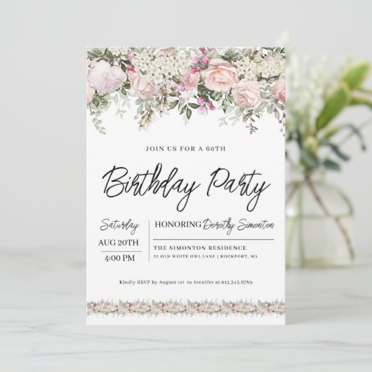 Elegant Roze Rose Bloemen 60ste Verjaardag Kaart (Staand voorkant)