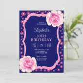 Elegant Roze Rose Bloemen Donkerblauw 30ste Verjaa Kaart (Staand voorkant)