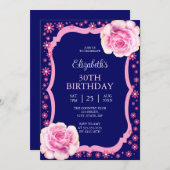 Elegant Roze Rose Bloemen Donkerblauw 30ste Verjaa Kaart (Voorkant / Achterkant)