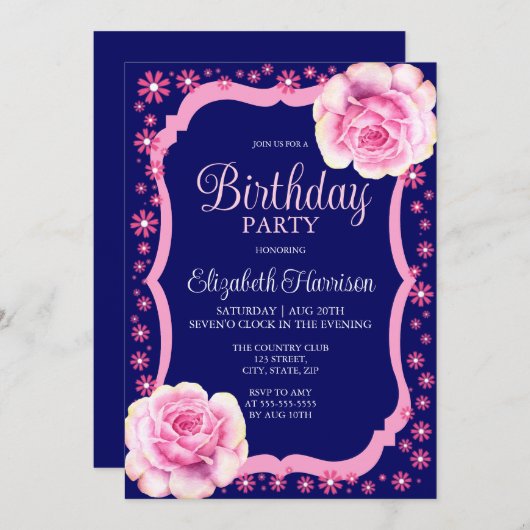 Elegant Roze Rose Bloemen Donkerblauw Verjaardagsf Kaart (Voorkant / Achterkant)
