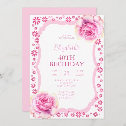 Elegant Roze Rose Bloemen Wit 40e Verjaardag Kaart (Voorkant / Achterkant)