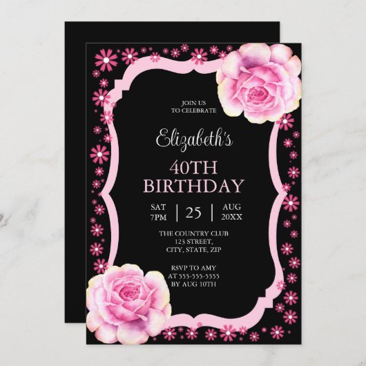 Elegant Roze Rose Bloemen Zwart 40e Verjaardag Kaart (Voorkant / Achterkant)