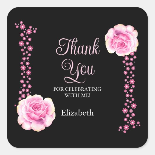 Elegant Roze Rose Bloemen Zwart Dank u Vierkante Sticker (Voorkant)