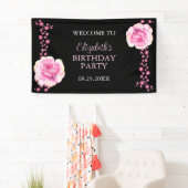 Elegant Roze Rose Bloemen Zwart Verjaardag Welkom Spandoek (Insitu)