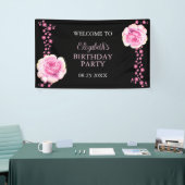 Elegant Roze Rose Bloemen Zwart Verjaardag Welkom Spandoek (Beurs)