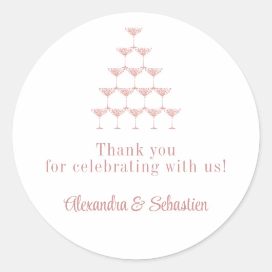Elegant Roze Rose Champagne Tower Script Bruiloft Ronde Sticker (Voorkant)